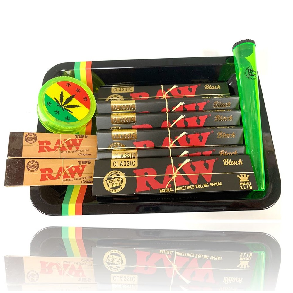 Raw Classic Small Medium Rolling Tray Kit Gift Set – Grinder, Tips & Tin