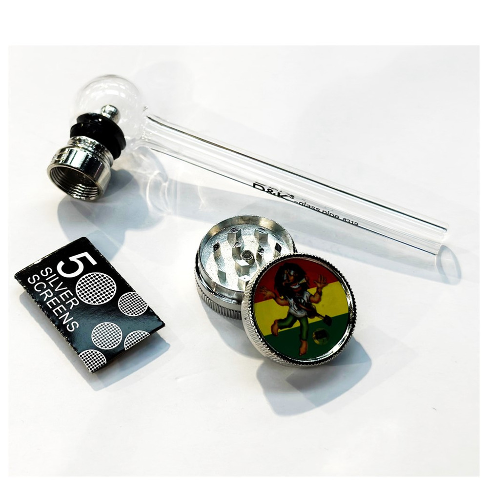 D&K Glass Pipe with Mini Grinder Wise Skies.