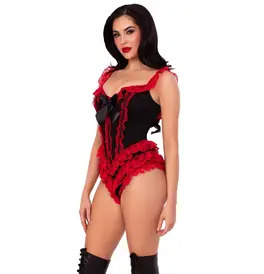 Boned Ruffle Bodysuit with Bow Accent, Red
