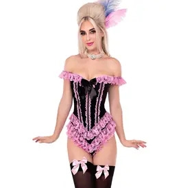 Boned Ruffle Bodysuit with Bow Accent, Pink