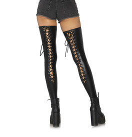 Wetlook lace up thigh highs