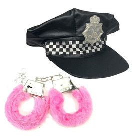 Black Checkered Police Hat & Pink Fluffy Handcuffs