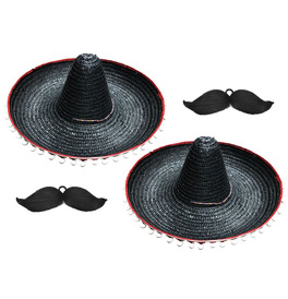 2 Black Mexican Hat & 2 Bendable Moustache