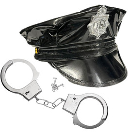 Leather Look Police Hat & Cuffs Bundle