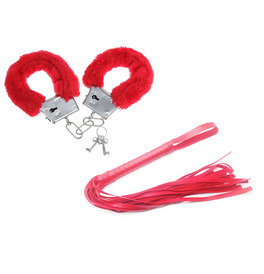 Red Fluffy Handcuffs & Red Whip