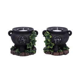 Set of Two Ivy Cauldron Witches Candle Holders 11cm