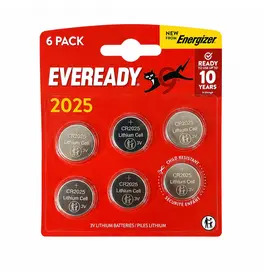 Energizer Eveready CR2025 3V Lithium Coin Batteries 6 Pack