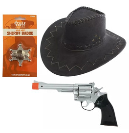 Black Cowboy Hat, Gun And Sheriff Badge Bundle