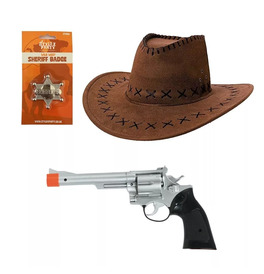 Brown Cowboy Hat, Gun And Badge Bundle