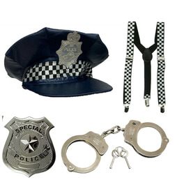 Flat Blue UK Police Hat & Black White Suspenders & Police Badge & Metal Cuffs 