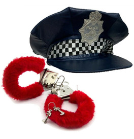 Blue Checkered Police Hat & Red Fluffy Cuffs