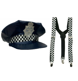 Blue UK Flat Police Hat & Suspenders Checkered