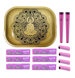 Wise Skies Pink Golden Flower Rolling Tray Set