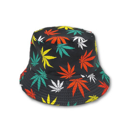 Bucket Hat - Black With Red, Yellow & Green Leaf