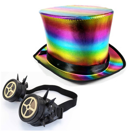 Rainbow Top Hat & Black Spike Cross Goggles