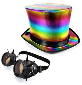 Rainbow Top Hat & Black Spike Goggles
