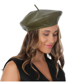 PU Leather Beret Hat, Green