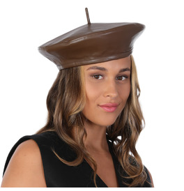 PU Leather Beret Hat, Brown
