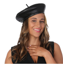 PU Leather Beret Hat, Black