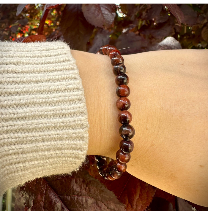 6mm Beaded Crystal Stone Bracelet - Maroon Tiger Eye